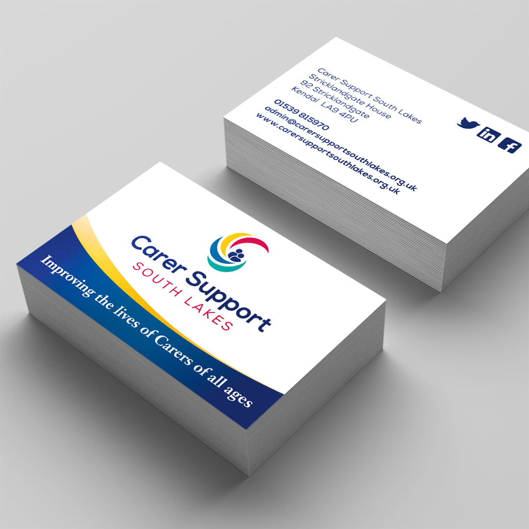 Front and back display of the Carer Support South Lakes business cards