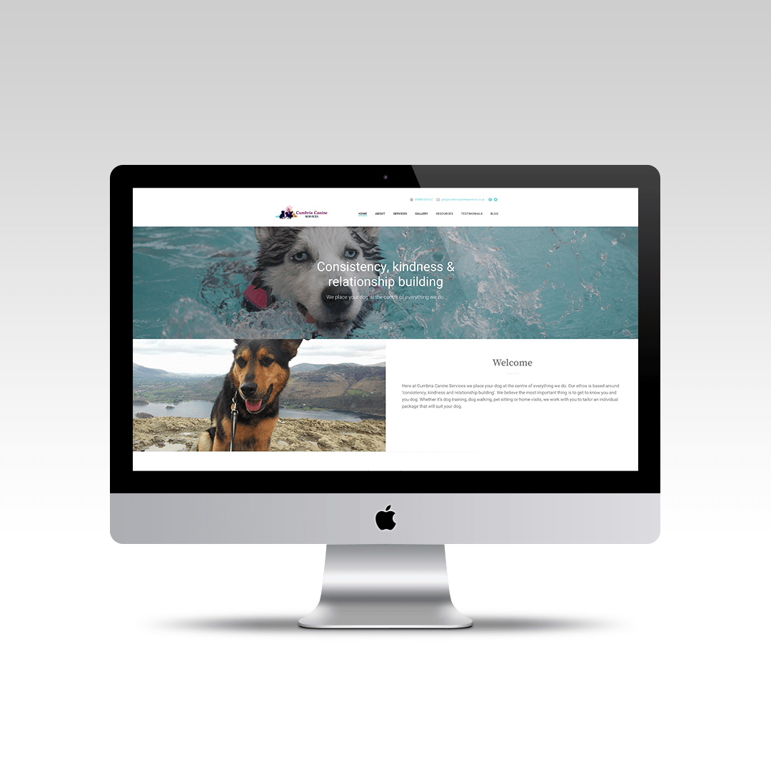Home page website design featuring the hero section for Cumbria Canine Services