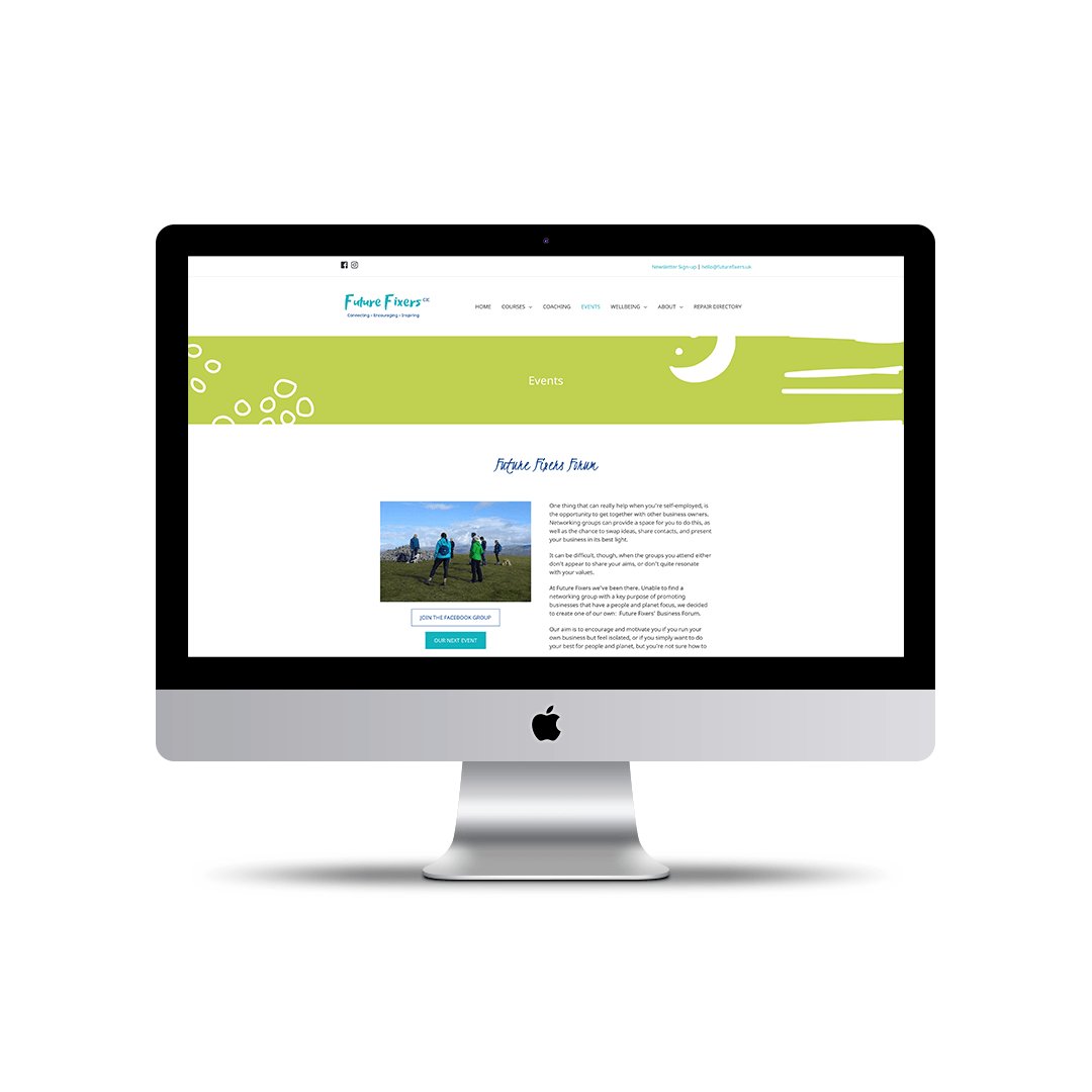 Website design for Future Fixers showing the Events page
