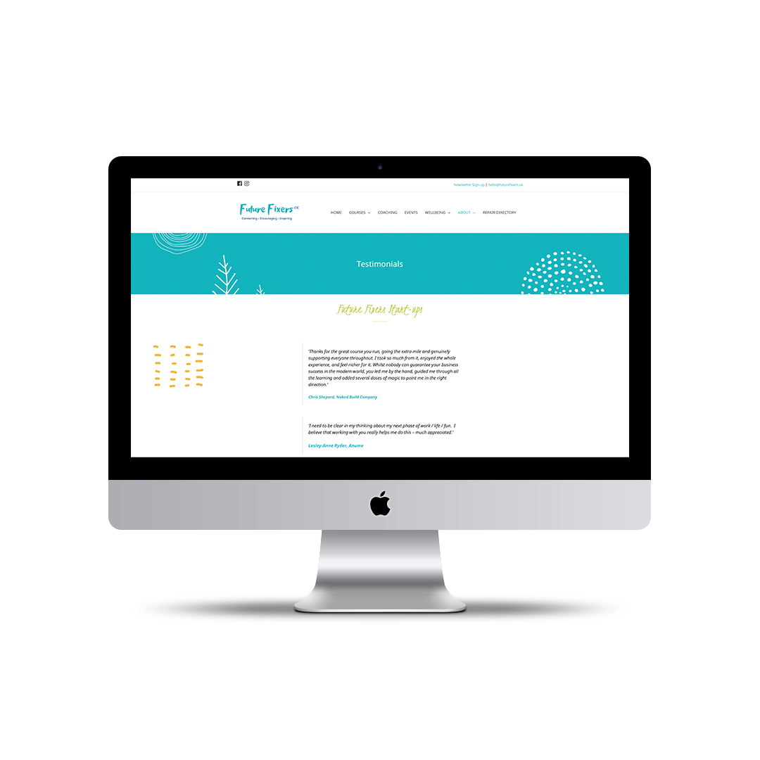 Website design for Future Fixers showing the testimonials page