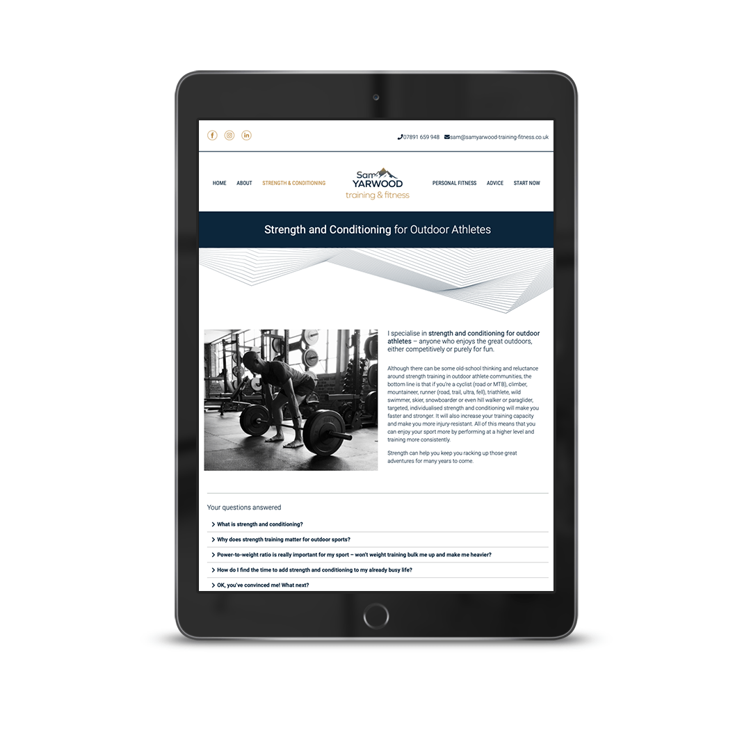 About me website design for Sam Yarwood Strength & Conditioning