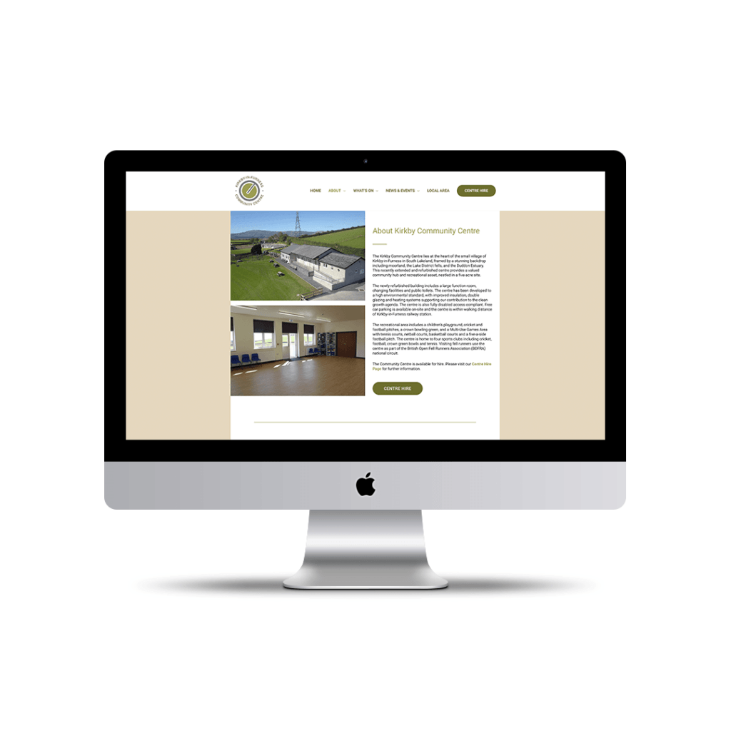 Website design for the Kirkby Community Centre website showing the about page