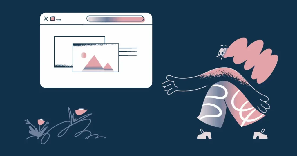 Cartoon illustration of a women in front of a website presentation for #designtips article Energy Efficient Website Design