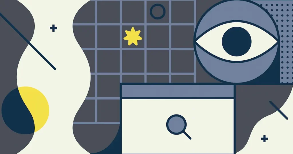 Abstract graphic including a time turner, en eye, and a web page for #designtips article Your Lead Generating Sales Funnel as a Service Provider