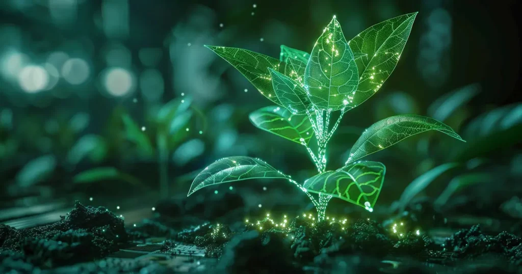A futuristic digital plant glowing with interconnected nodes, symbolizing growth, sustainability, and innovation - representing Good Business Networking in a connected, eco-conscious world.