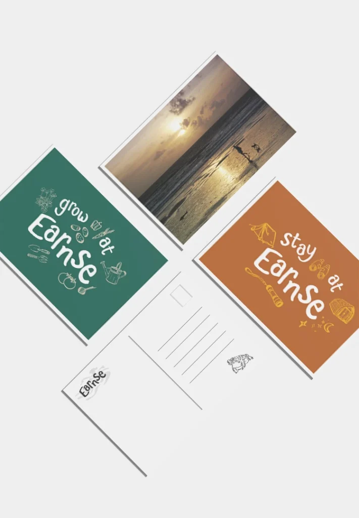 Mockup of postcards featuring Earnse Bay photographs and brand logo variations — ‘Grow at Earnse’ for the community garden and ‘Stay at Earnse’ for the camping area