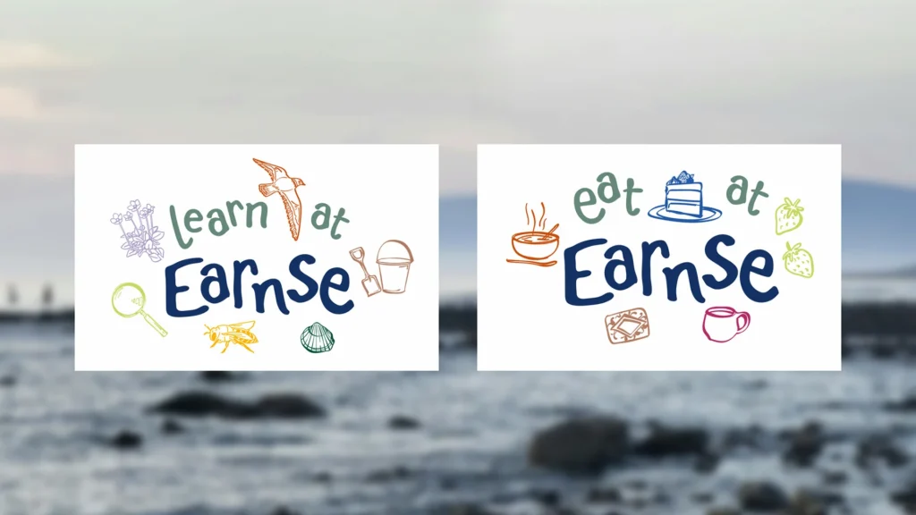 Two variations of the Earnse brand design logo displayed over a blurred landscape background