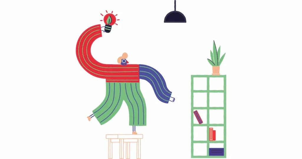 Stylised illustration of a person in a creative workspace with ribbon-like colourful hair, a lightbulb containing a leaf above them, and a desk with books and plants, representing user research and empathy in design.