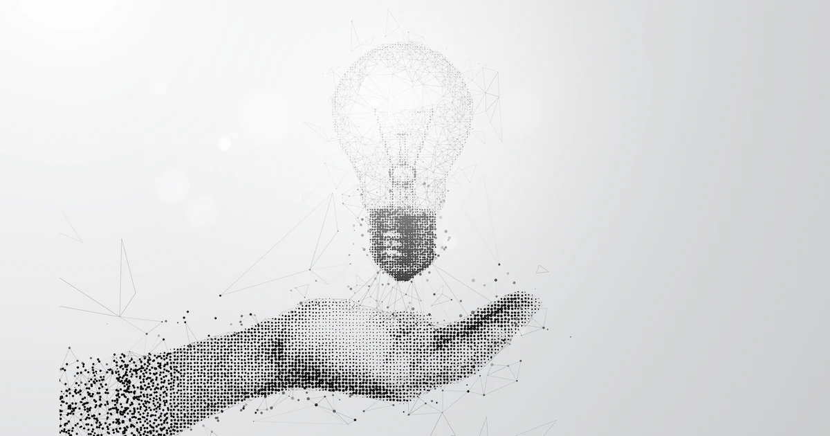 Minimalist halftone illustration of an outstretched hand holding a floating lightbulb, symbolising innovation, creativity, prototyping and testing.